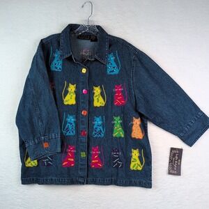 NWT Life Style Denim Shirt Jacket Women's 2X Embroidered Colorful Cats VTG